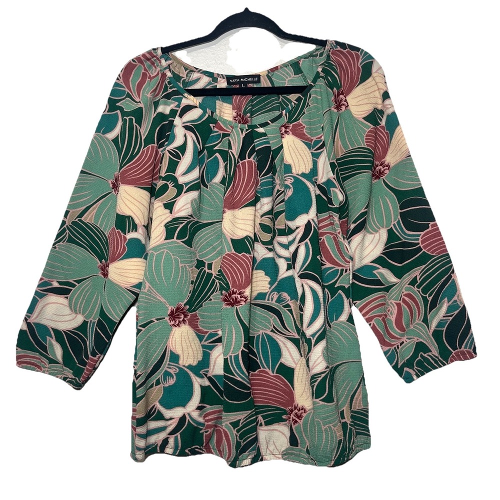 Sara Michelle Blouse 3/4 Sleeve Green Floral Pleated Scoop Neck Size‎ L